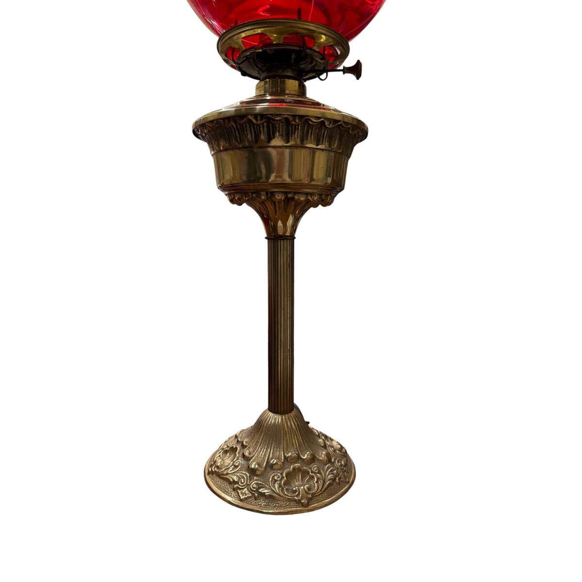 Antique Brass Electric Table Lamp with Ruby Red Glass Globe