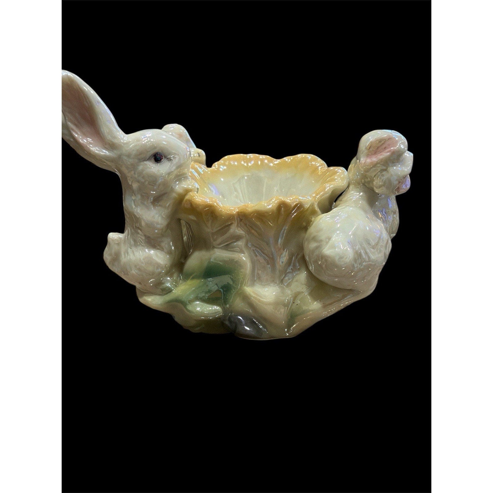 Vintage Ceramic Bunny Basket Planter Pearlized Easter Rabbit Candy Dish