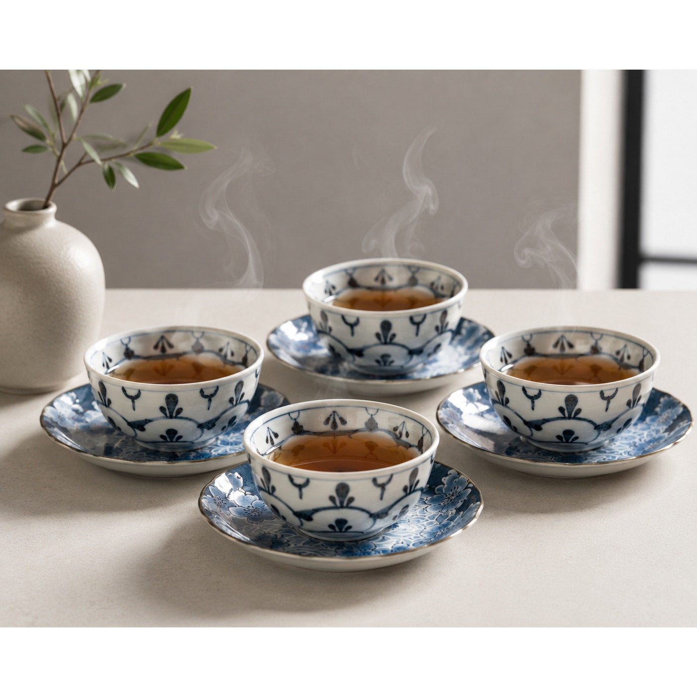 Vintage Japanese Tea Bowl and Saucer Set, Blue Cherry Blossom Porcelain Tea Cups, Set of 4, Asian Tea Service, Floral Porcelain Teaware