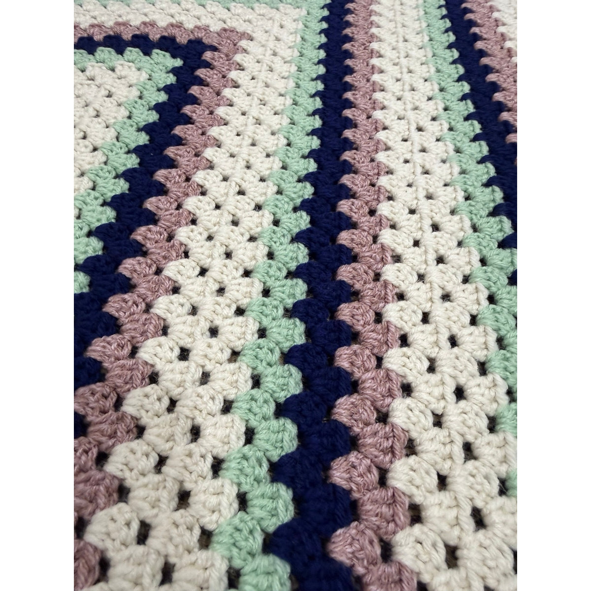 Handmade Crochet Lap Afghan Blanket Granny Square Ivory Navy Mint Pink 38"