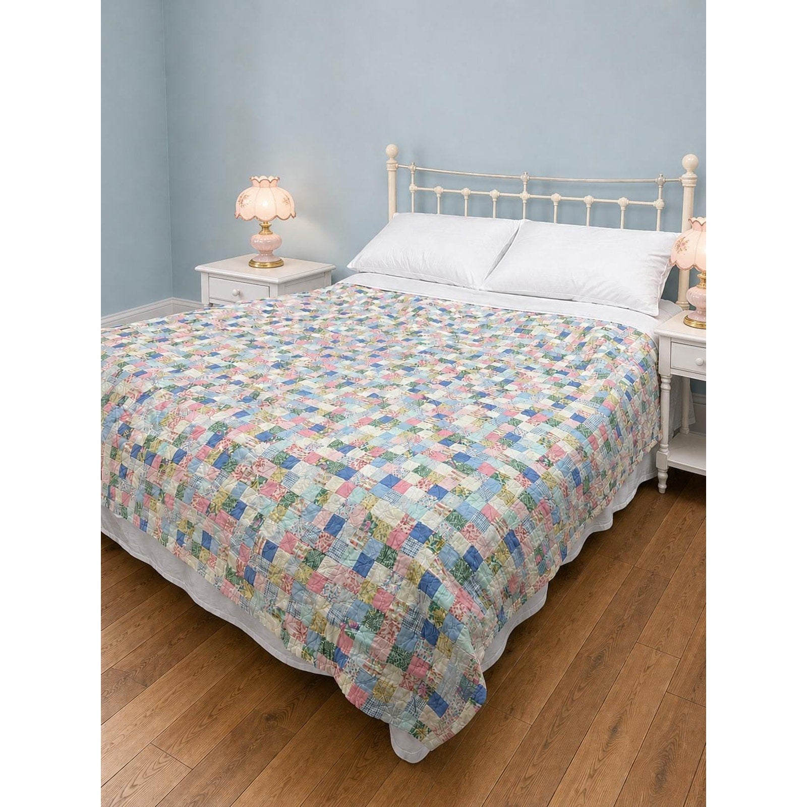 Vintage Hand Pieced Postage Stamp Quilt Hand Quilted Cotton Quilt Heirloom Cottagecore Farmhouse Bedding 86x76