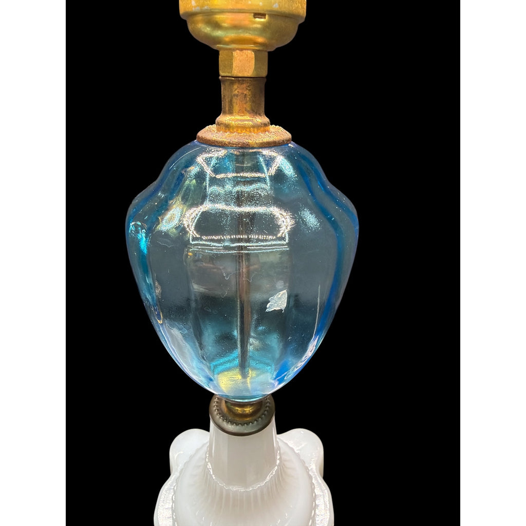 Pair Antique Converted Oil Lamp Boudoir Lamps Blue Glass & Milk Glass