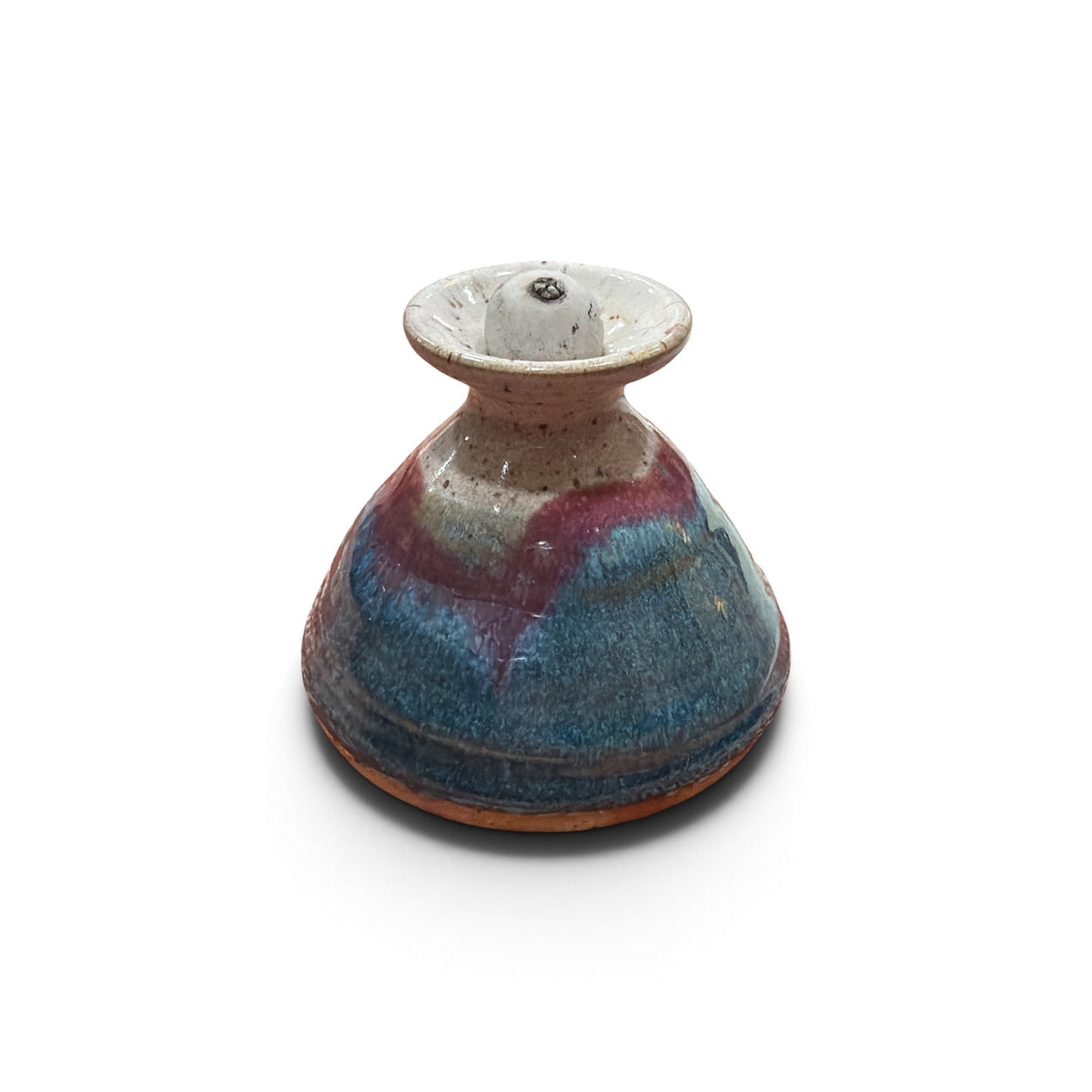 Salvaterra Pottery Miniature Oil Lamp Teal Raspberry Glaze Signed 3"
