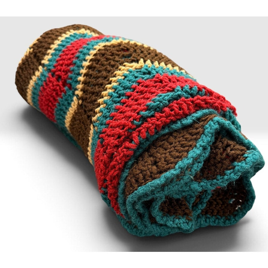 Handmade Crochet Vibrant Autumn Afghan Blanket Brown Teal Red Oversized 78 x 60 – additional view 6