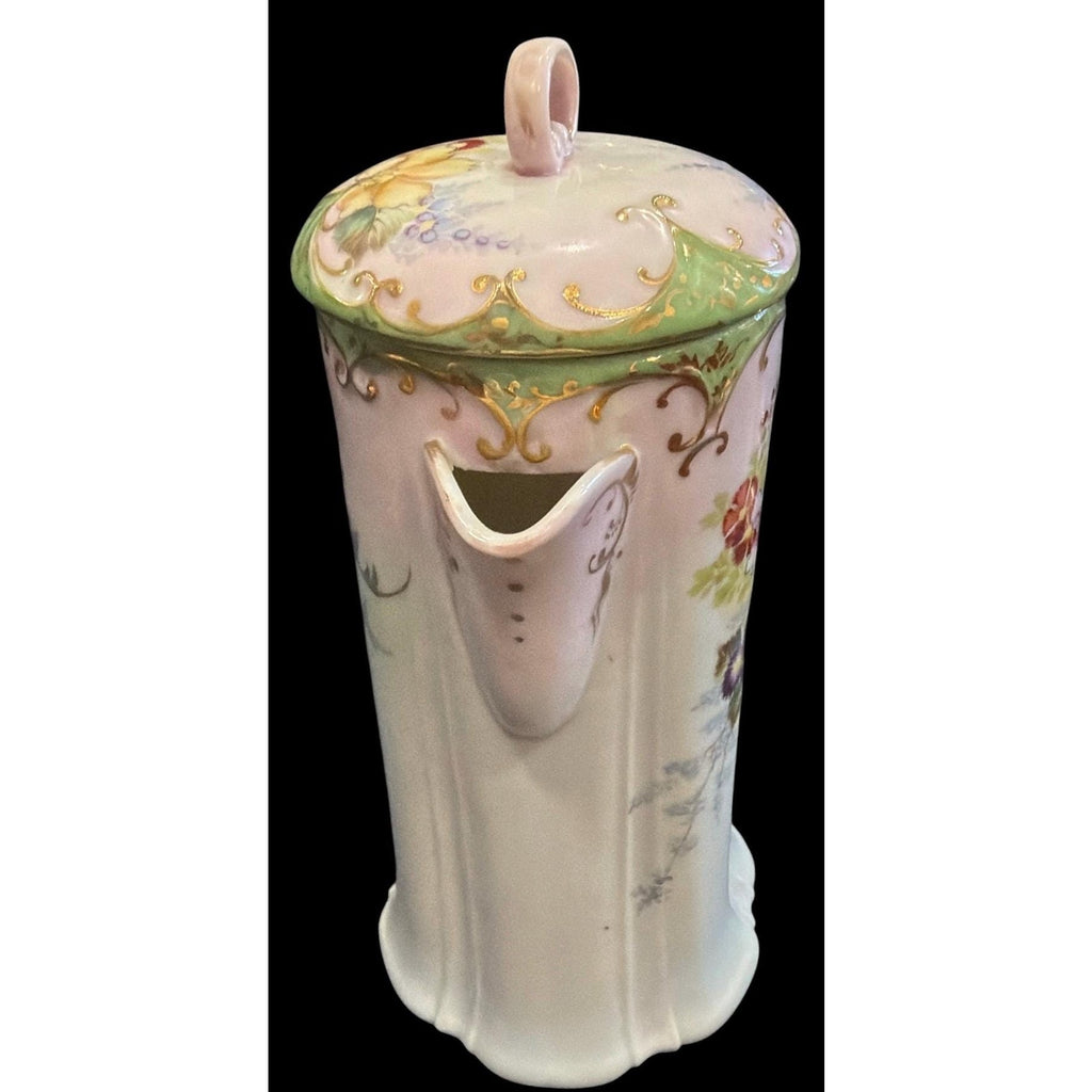 Antique Art Nouveau Chocolate Pot Hand Painted Porcelain Floral Gold Gilt 1900s