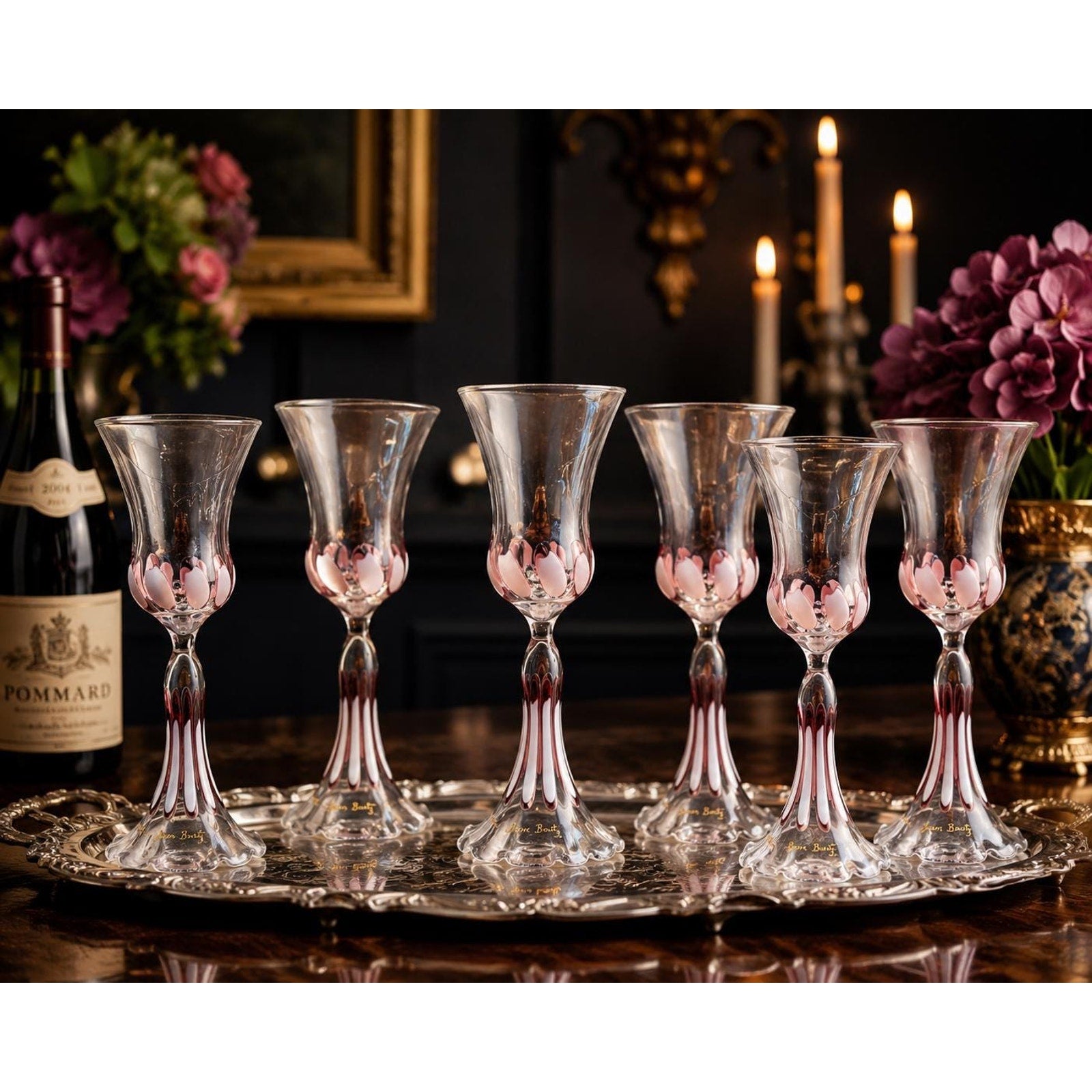 Jean Boutz Hand Blown Art Glass Goblets Set 6 Pink Signed Stemware