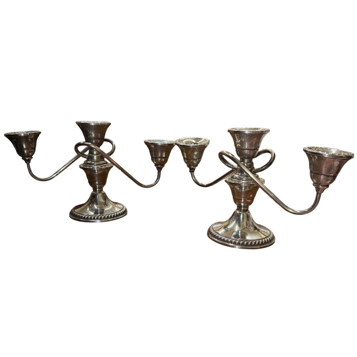 Sterling Silver Candelabra Pair Cornwell Three Light Scroll Arm Candle Holders