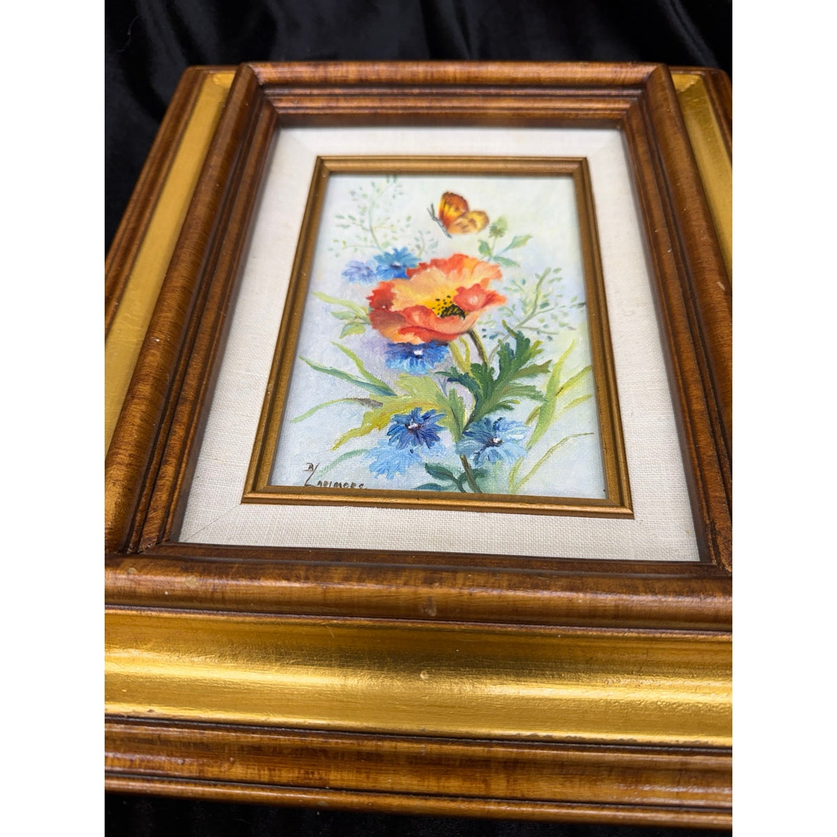 B Larimore 1981 Original Floral Painting Butterfly Signed Framed Vintage Art – additional view 3