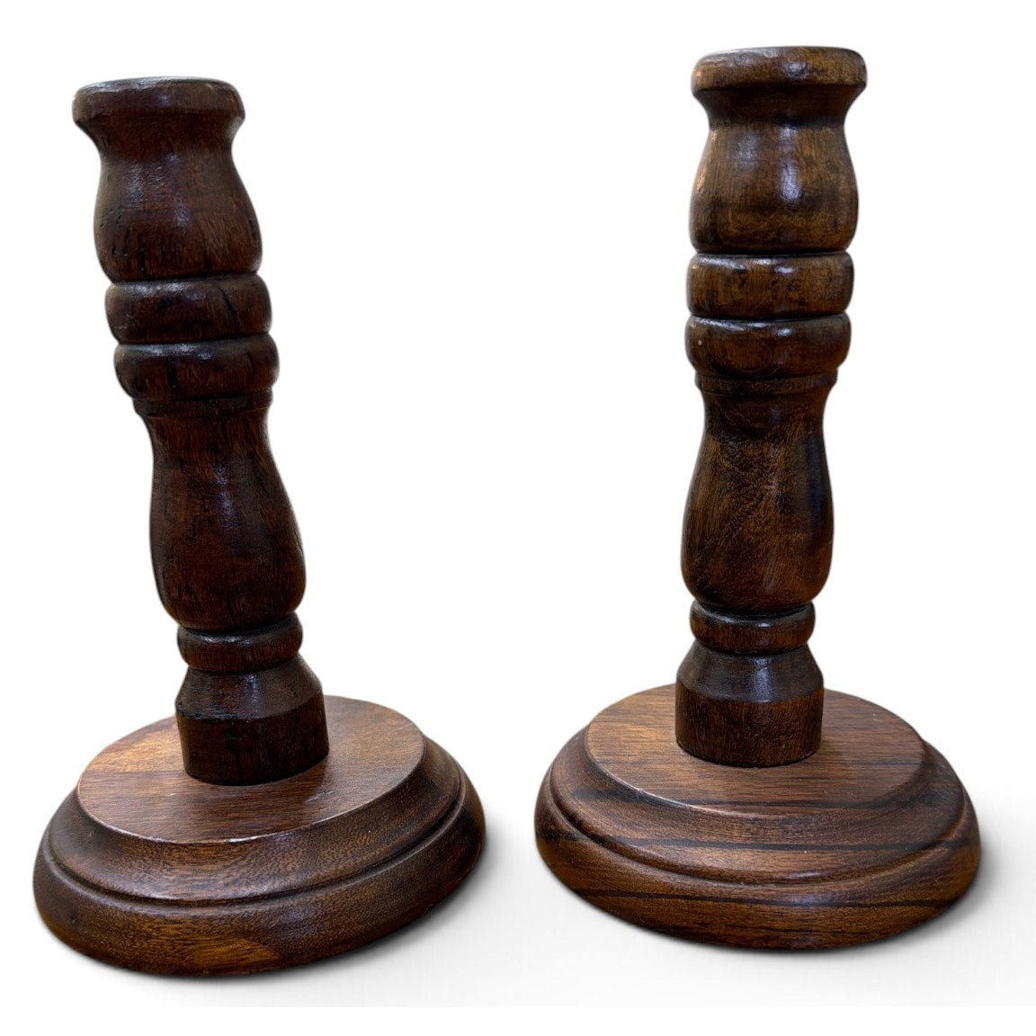 Vintage Turned Wood Candlesticks Pair Primitive Early American 7 Inch – additional view 3