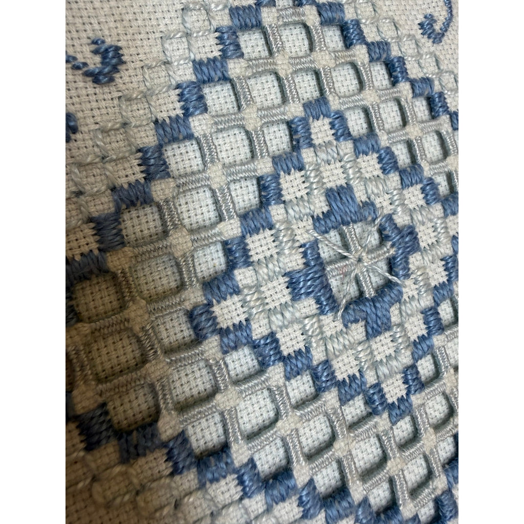 Vintage Hardanger Embroidery Blue White Needlework Oak Frame