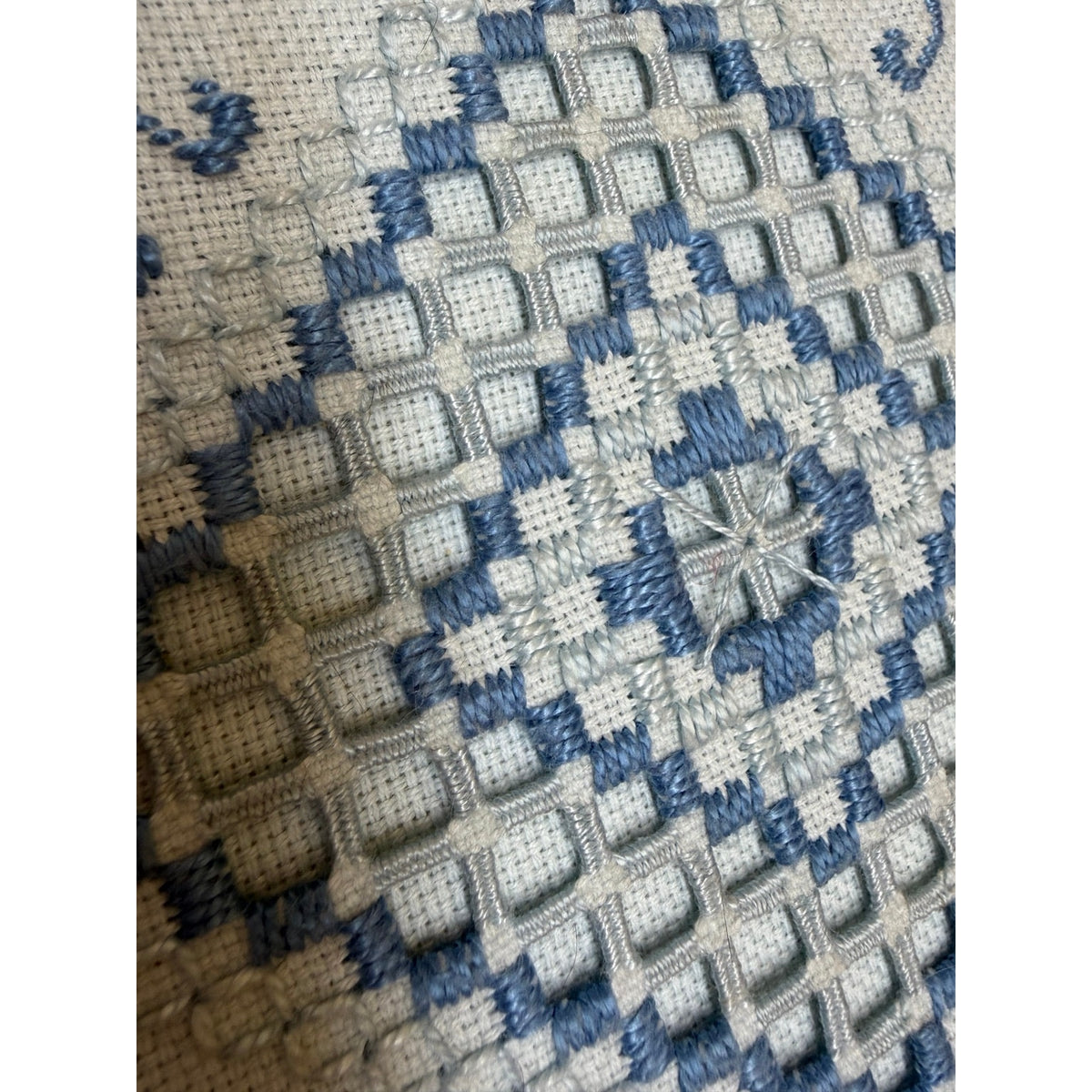 Vintage Hardanger Embroidery Blue White Needlework Oak Frame