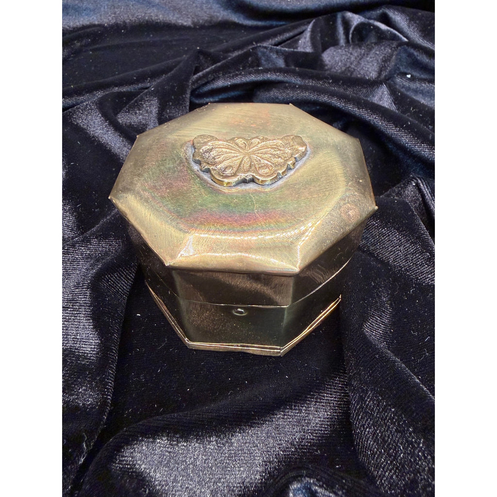Vintage Brass Butterfly Trinket Box Octagonal Hinged Jewelry Keepsake Box