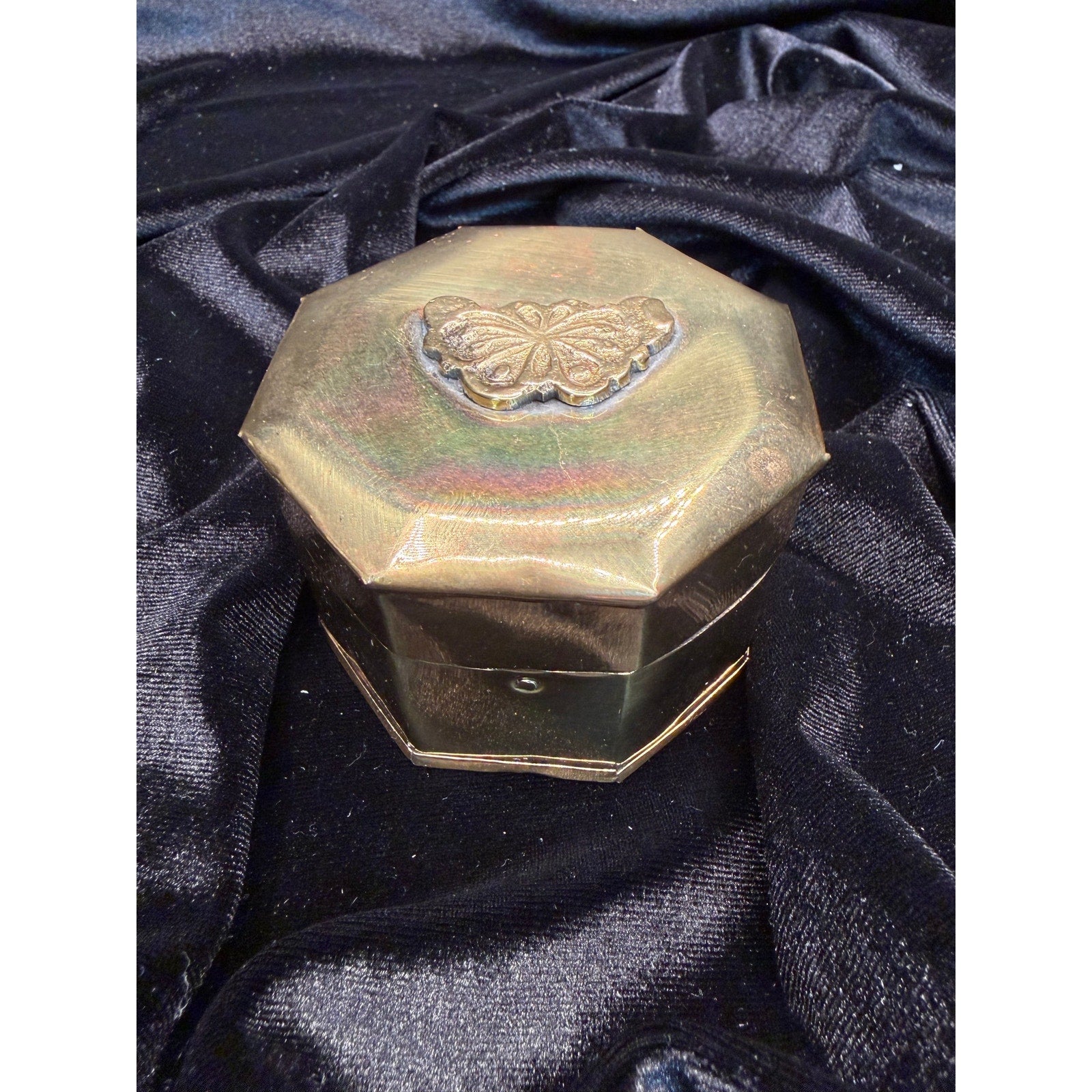 Vintage Brass Butterfly Trinket Box Octagonal Hinged Jewelry Keepsake Box