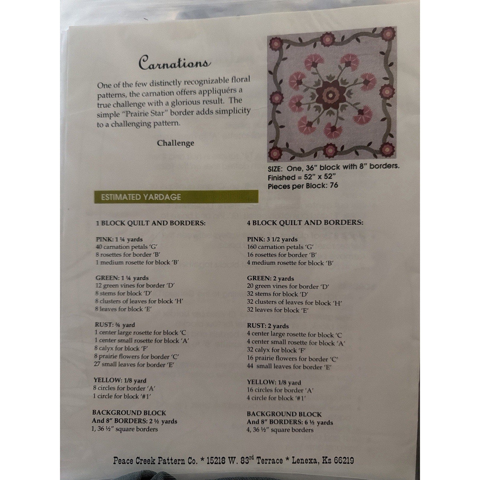 Peace Creek Carnations Applique Quilt Pattern 88x88 Uncut