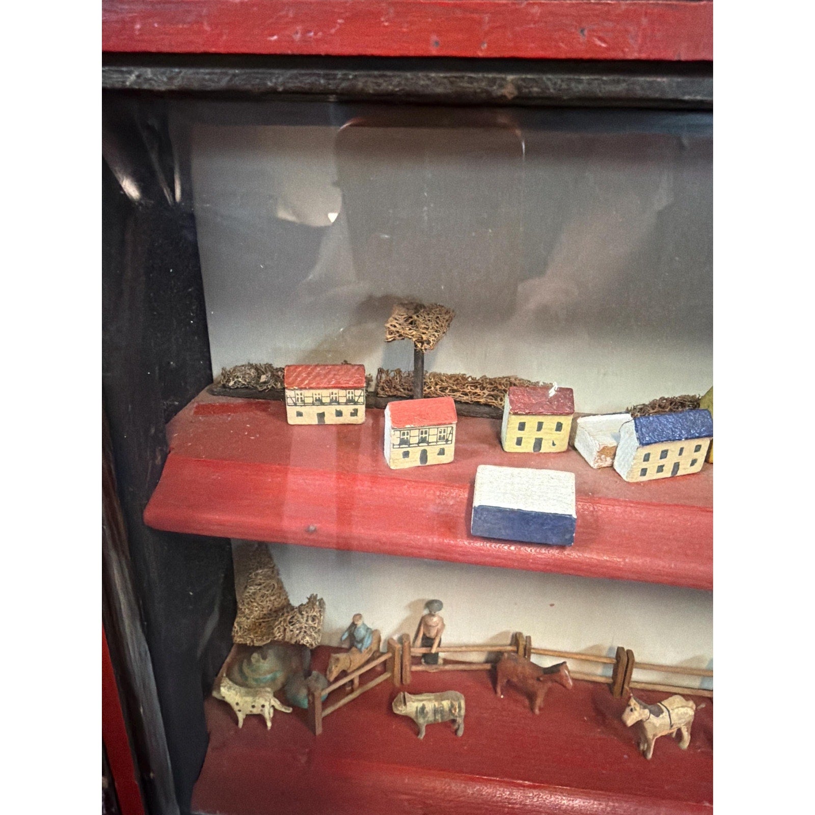 Antique Alpine Folk Art Diorama Shadow Box Miniature Village 15” Wall Cabinet