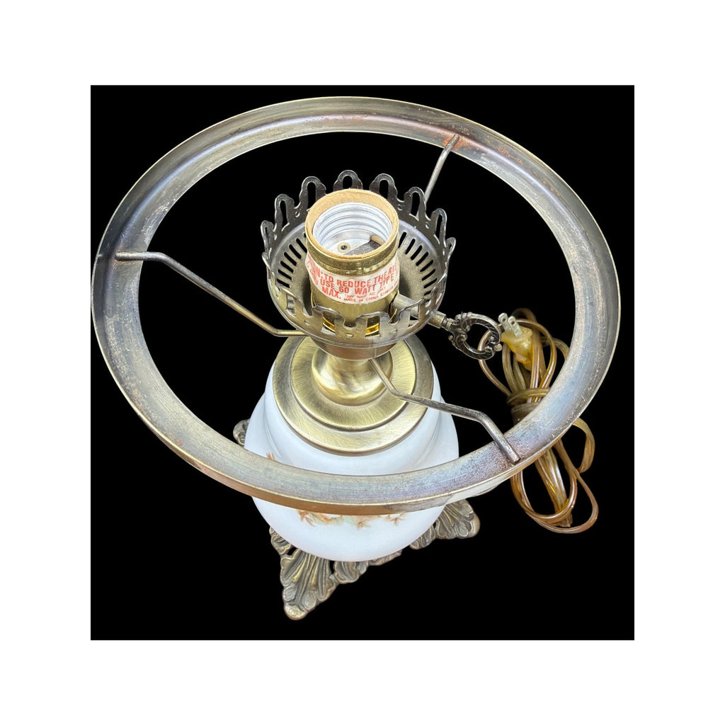 Vintage Milk Glass Hurricane Table Lamp with Floral Shade & Cast Metal Base