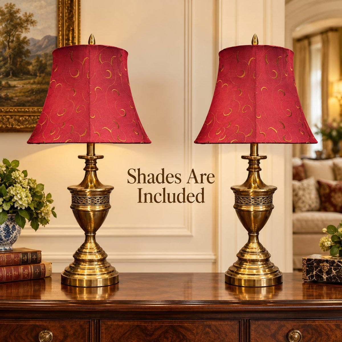 Vintage Brass Urn Table Lamps Pair with Burgundy Embroidered Silk Shades