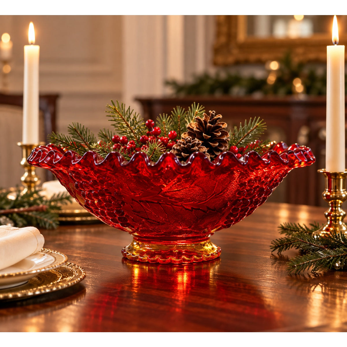 Vintage Indiana Glass Ruby Red Fruit Bowl Ruffled Edge Pattern 301 1960s