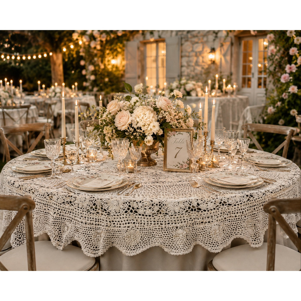 Vintage Hand Crochet Lace Tablecloth 57" Round Floral Wedding Table Linen – main view