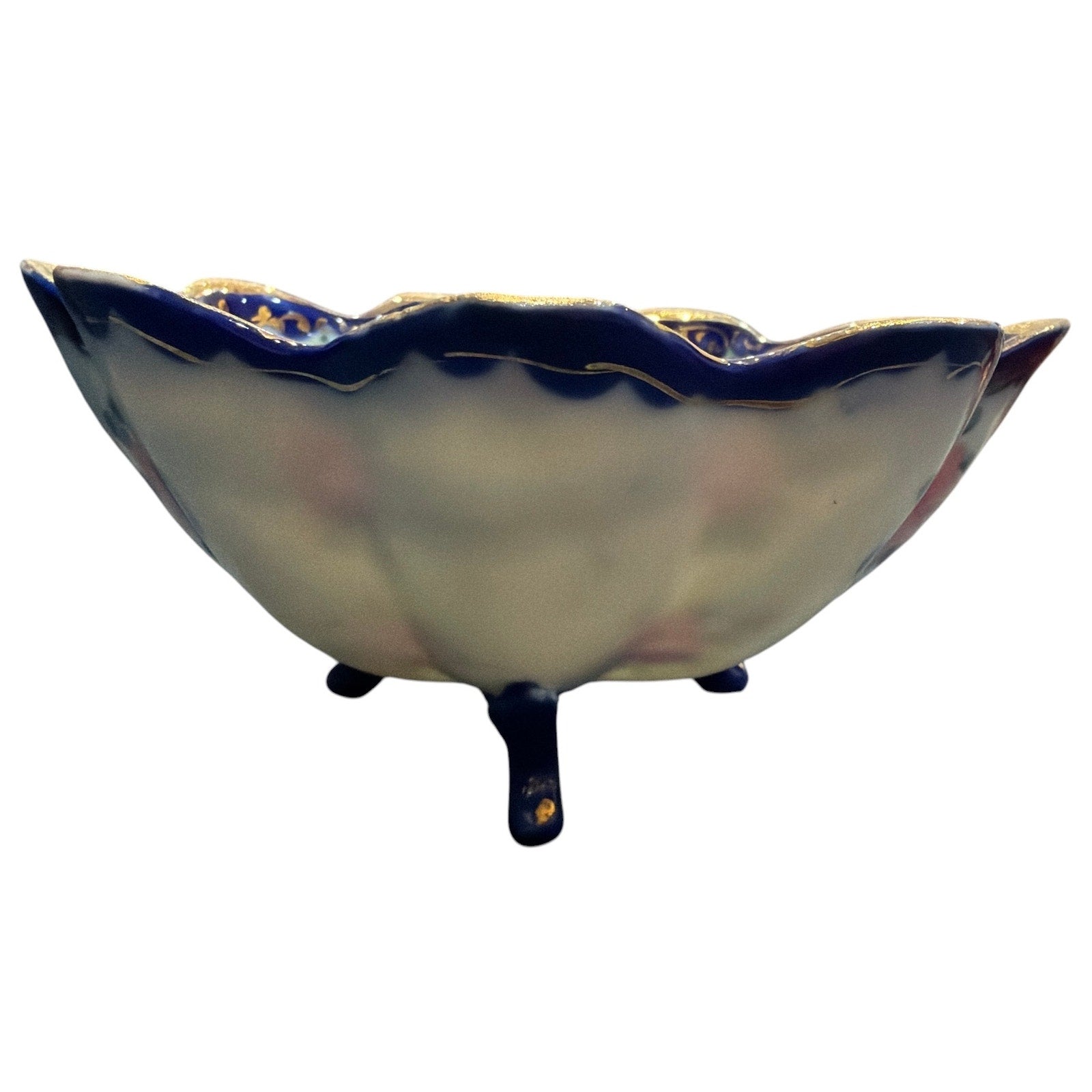 Vintage Hand Painted Japanese Footed Porcelain Bowl, Cobalt Blue & Gold Floral