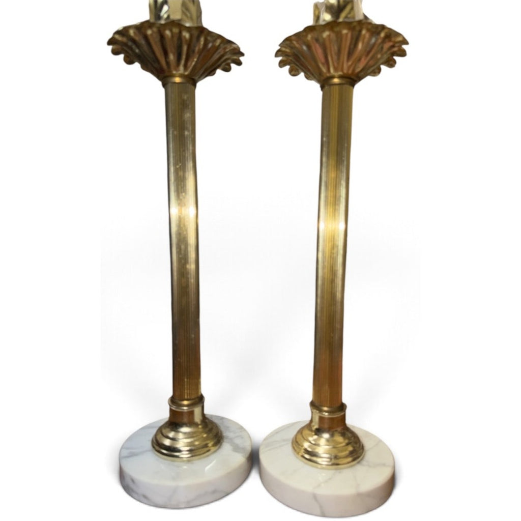 Vintage CAI CO Italian Brass Marble Candlesticks Pair 14 Inch