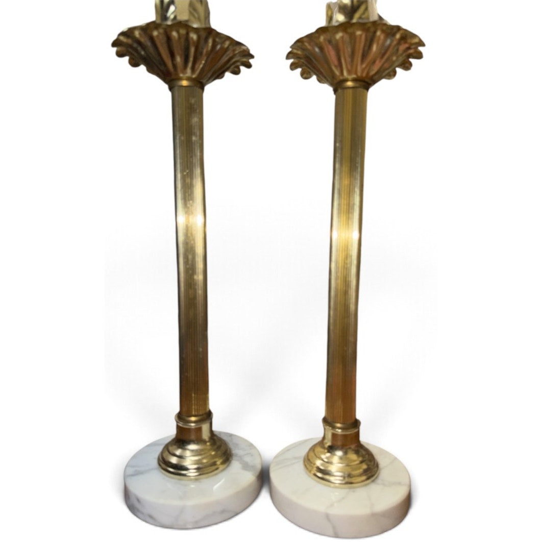 Vintage CAI CO Italian Brass Marble Candlesticks Pair 14 Inch