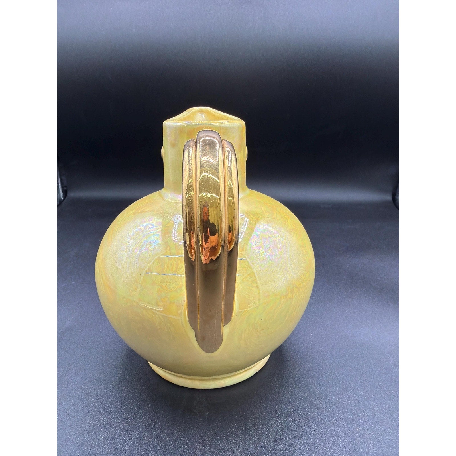Vintage Art Pottery Ewer – Iridescent Bird Form Vase with 22K Gold Handle (USA)