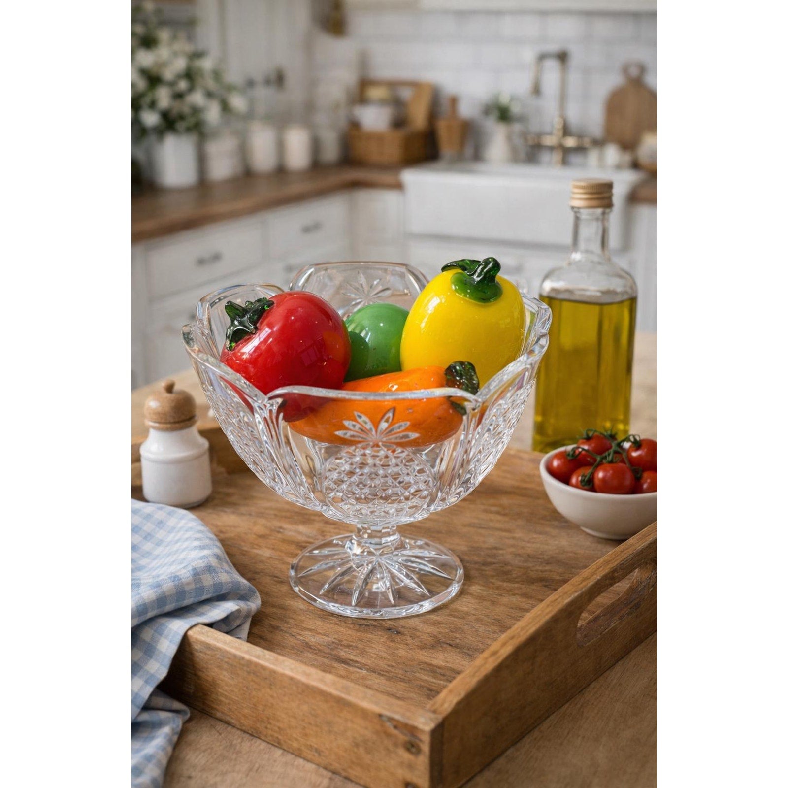Vintage Pressed Glass Pedestal Fruit Bowl Set, Italian Tuscan Kitchen Decor
