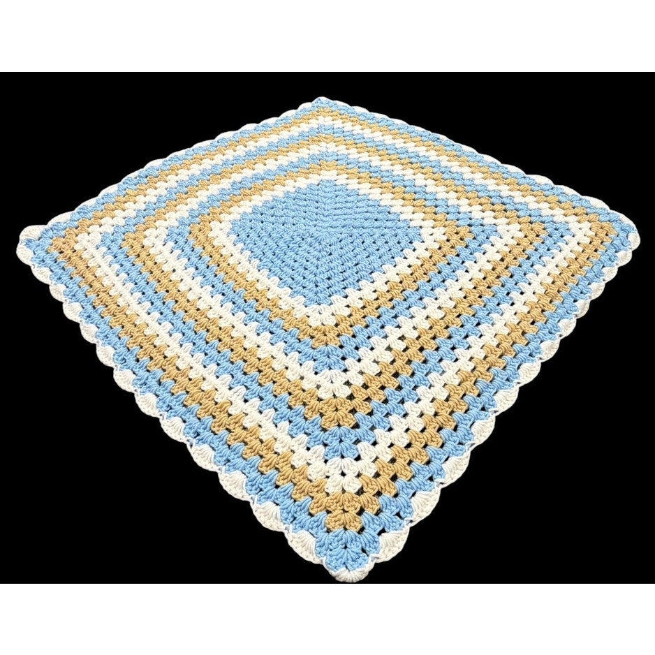 Vintage Crochet Baby Blanket Bluebird & Honey Blue Tan Ivory 36" Square