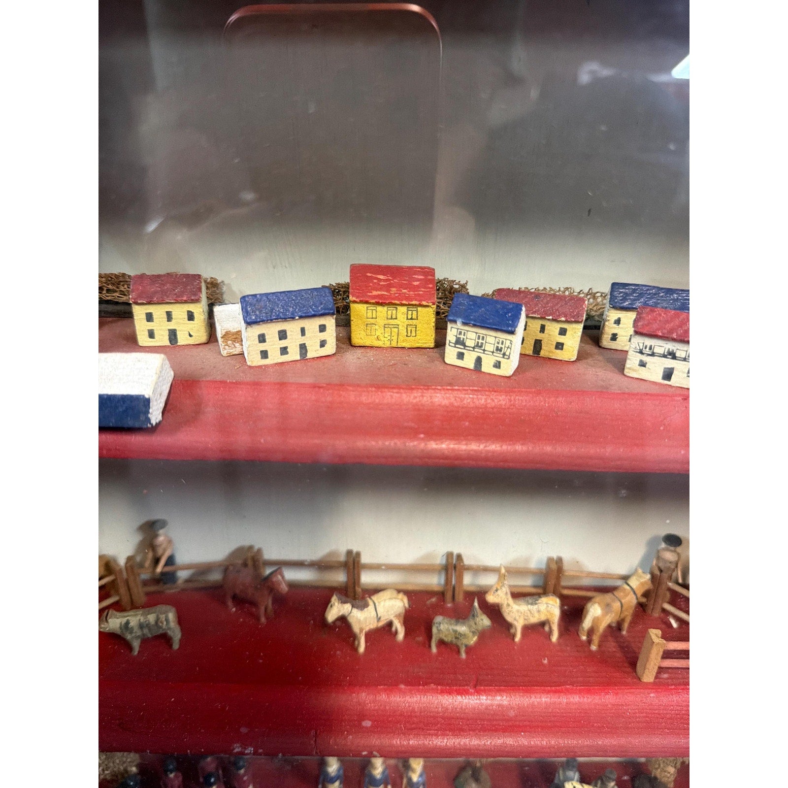 Antique Alpine Folk Art Diorama Shadow Box Miniature Village 15” Wall Cabinet