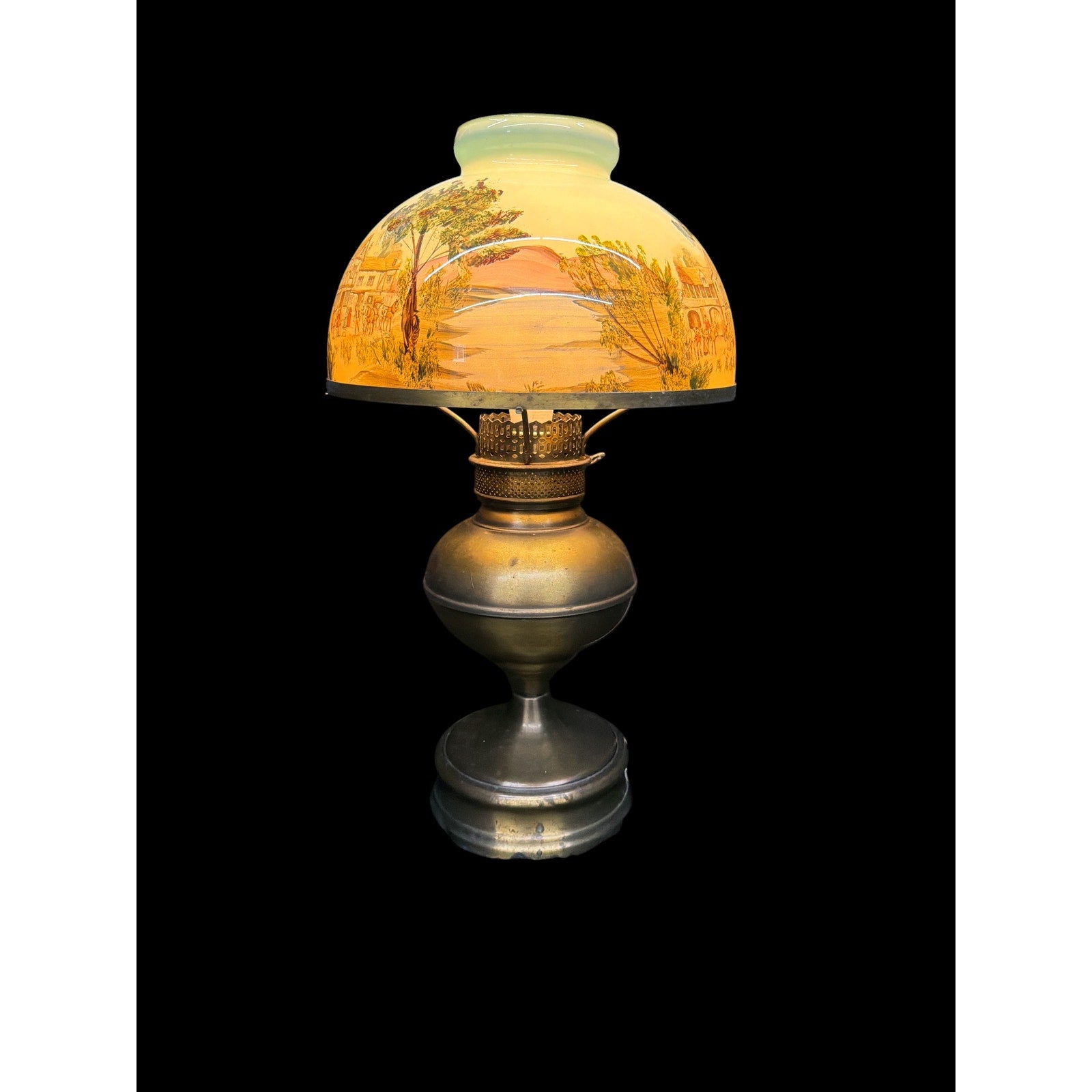 Antique Hand Painted Opal Glass Lamp Brass Electric Oil Lamp 21"