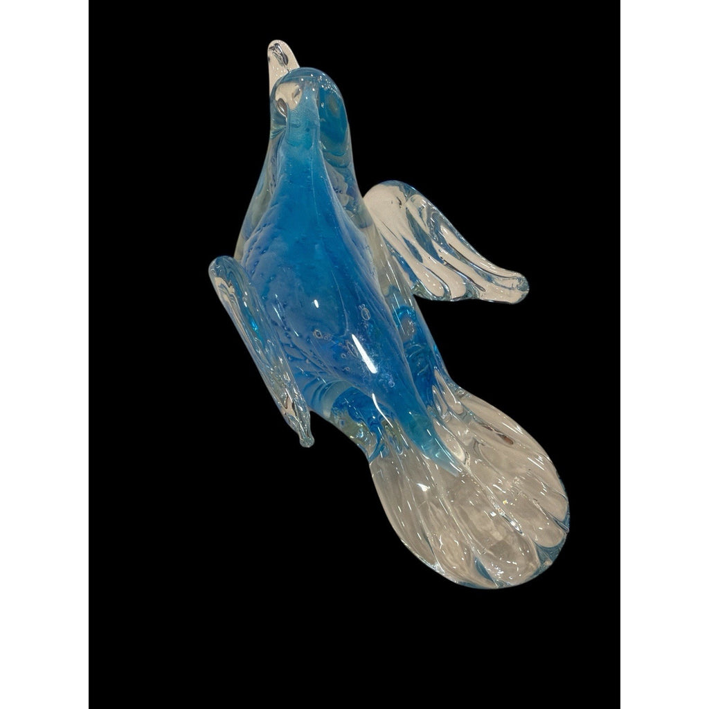 Hand Blown Blue Art Glass Bird Paperweight Figurine 7” Dia Coastal Decor