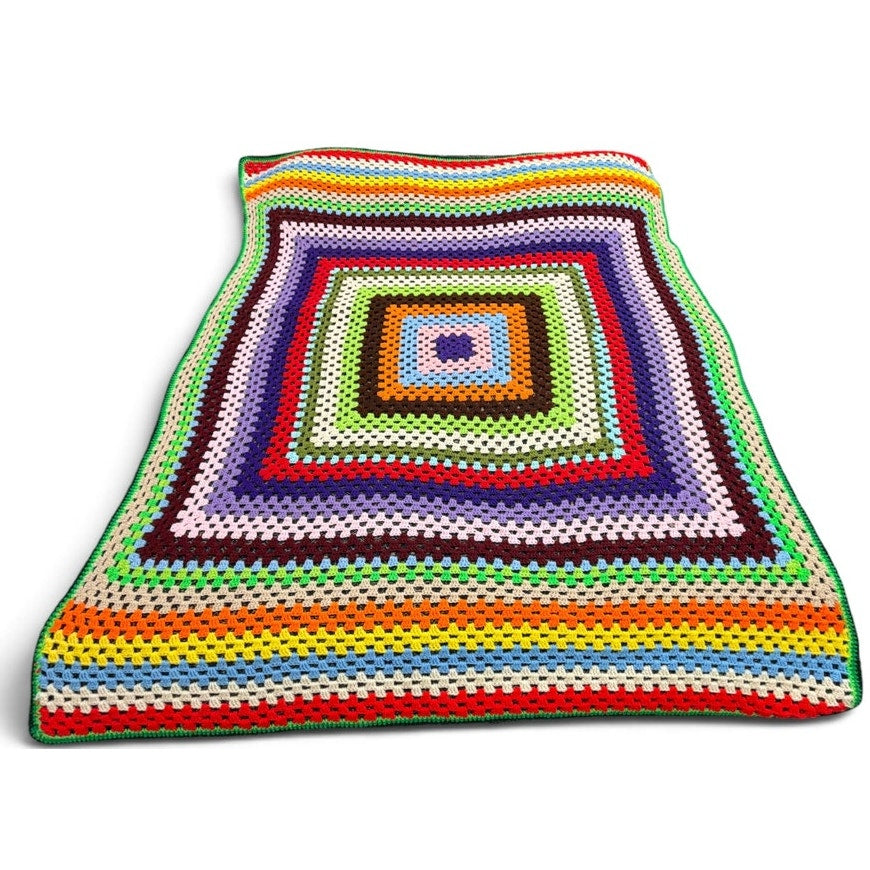Vintage Crochet Afghan Blanket Technicolor Granny Square 60 x 76 Twin