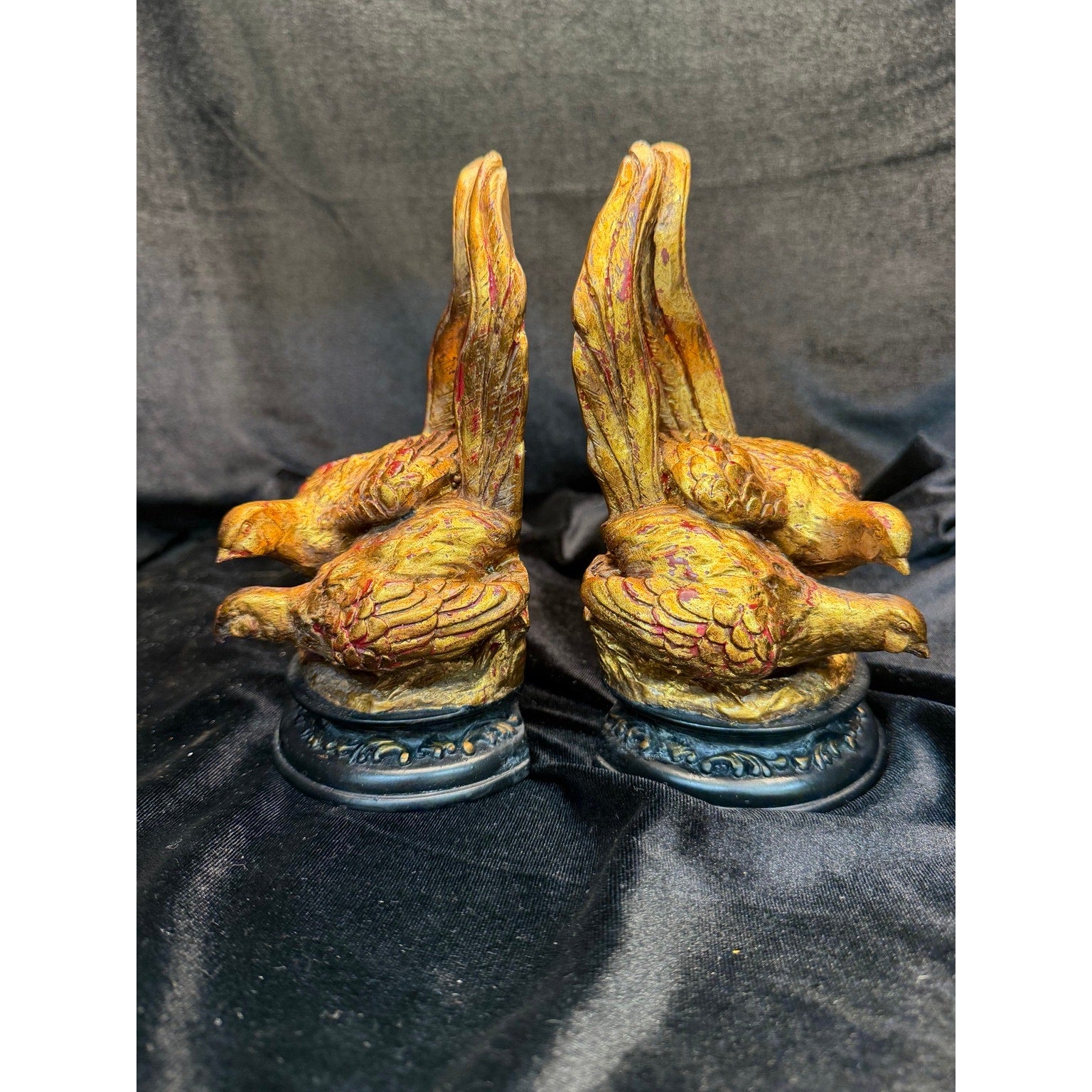 Vintage Gold Quail Bird Bookends Pair Resin Faux Gilt Library Office Decor