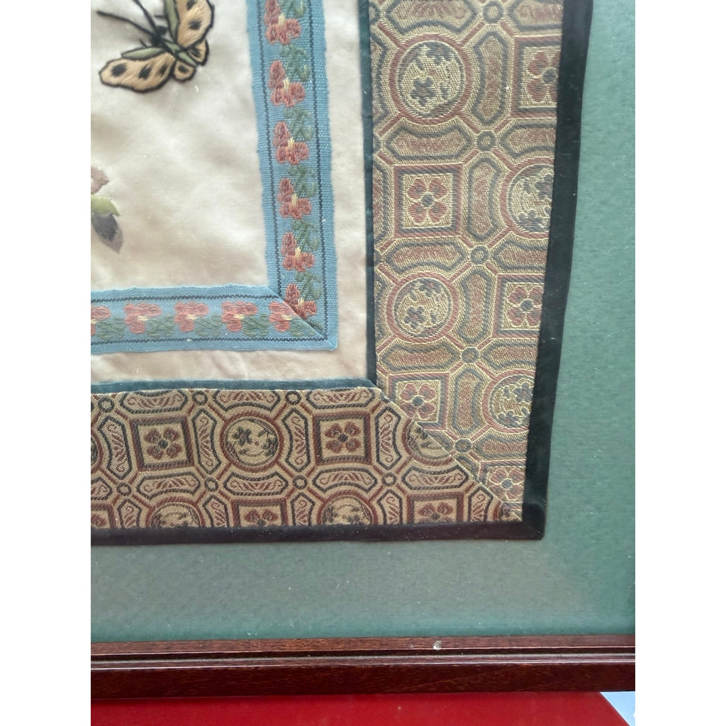 Vintage Chinese Silk Embroidery Framed Butterfly Botanical Textile Art
