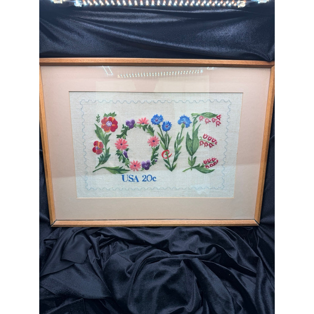 Vintage Framed Hand Embroidered LOVE Sampler Floral Needlework Wall Art