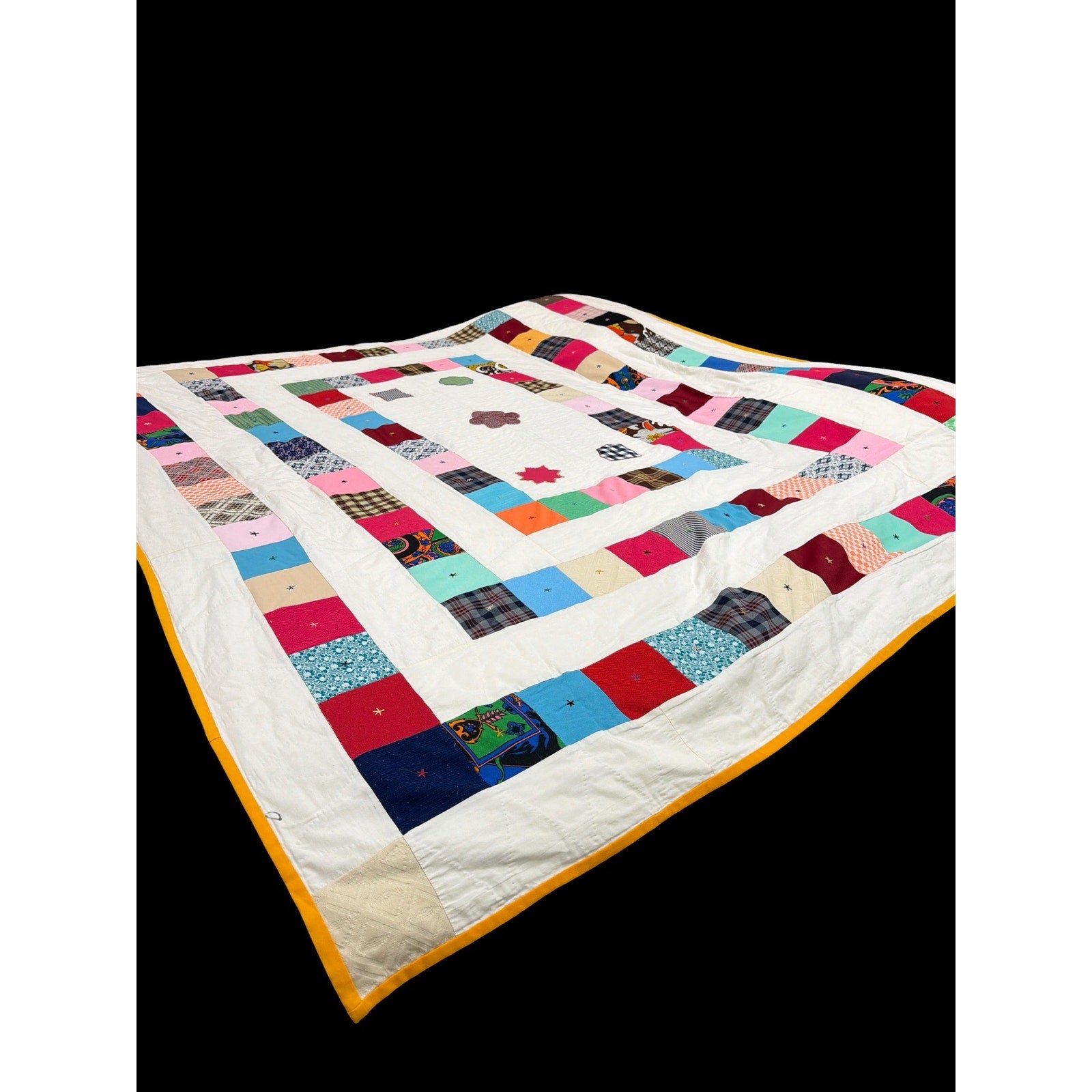 Vintage Handmade Folk Art Patchwork Quilt Hand Quilted Memory Quilt Scrap Textile Cottagecore Decor 68x84