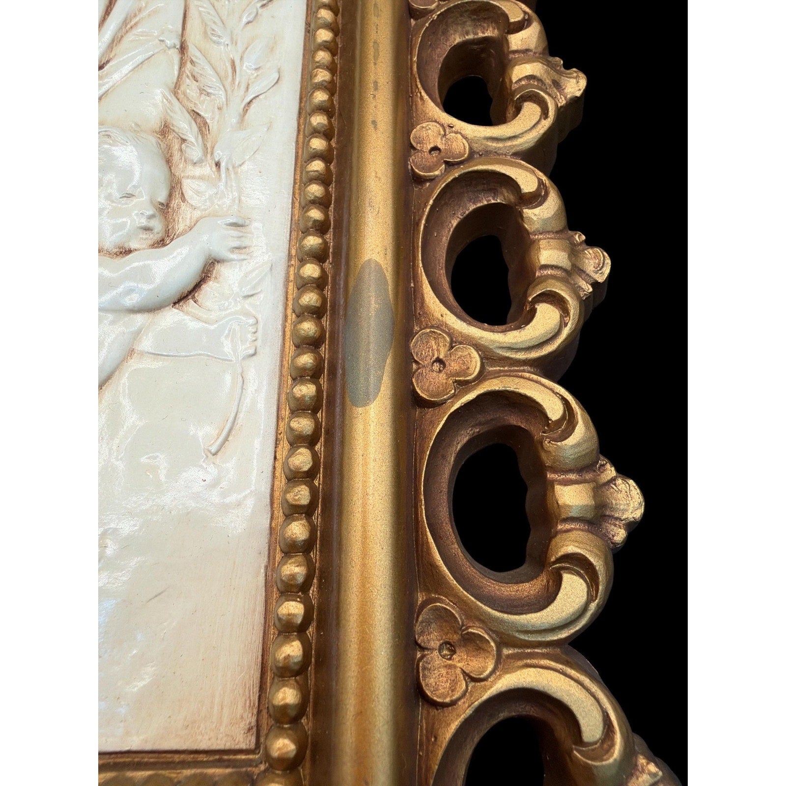 Vintage Homco Angel Cherub Wall Plaques Pair Gold Ivory Hollywood Regency Neoclassical Art