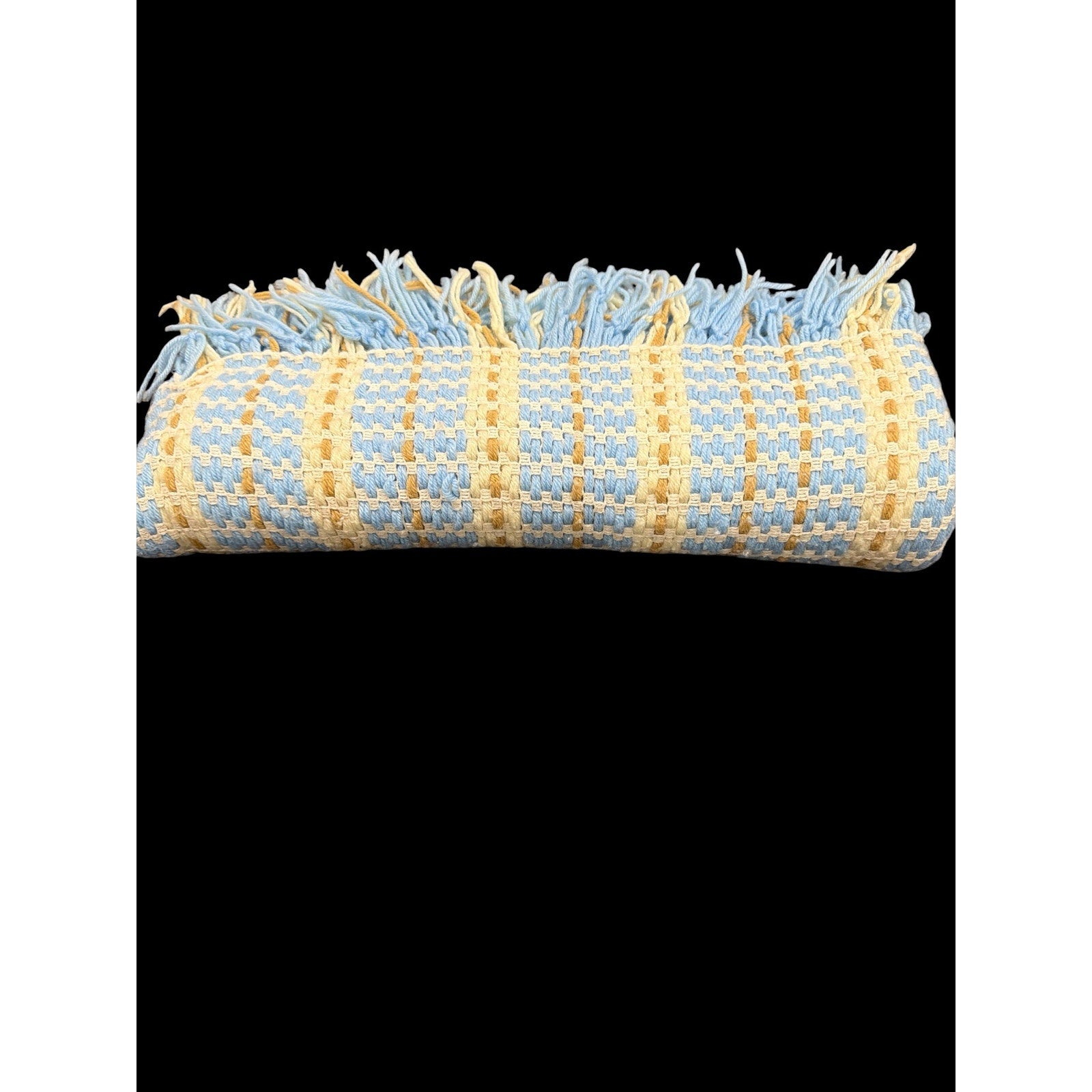 Vintage Hand Woven Afghan Throw Blanket – Baby Blue, Cream & Taupe – Fringe Blanket – Cottagecore Nursery Décor – 66” x 42”