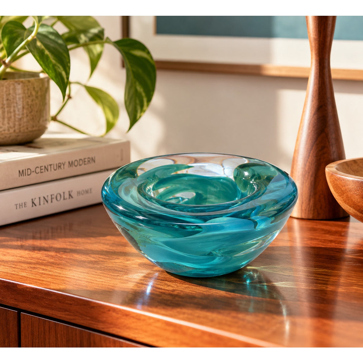Kosta Boda Sweden Turquoise Art Glass Bowl Scandinavian Modern 4.5"