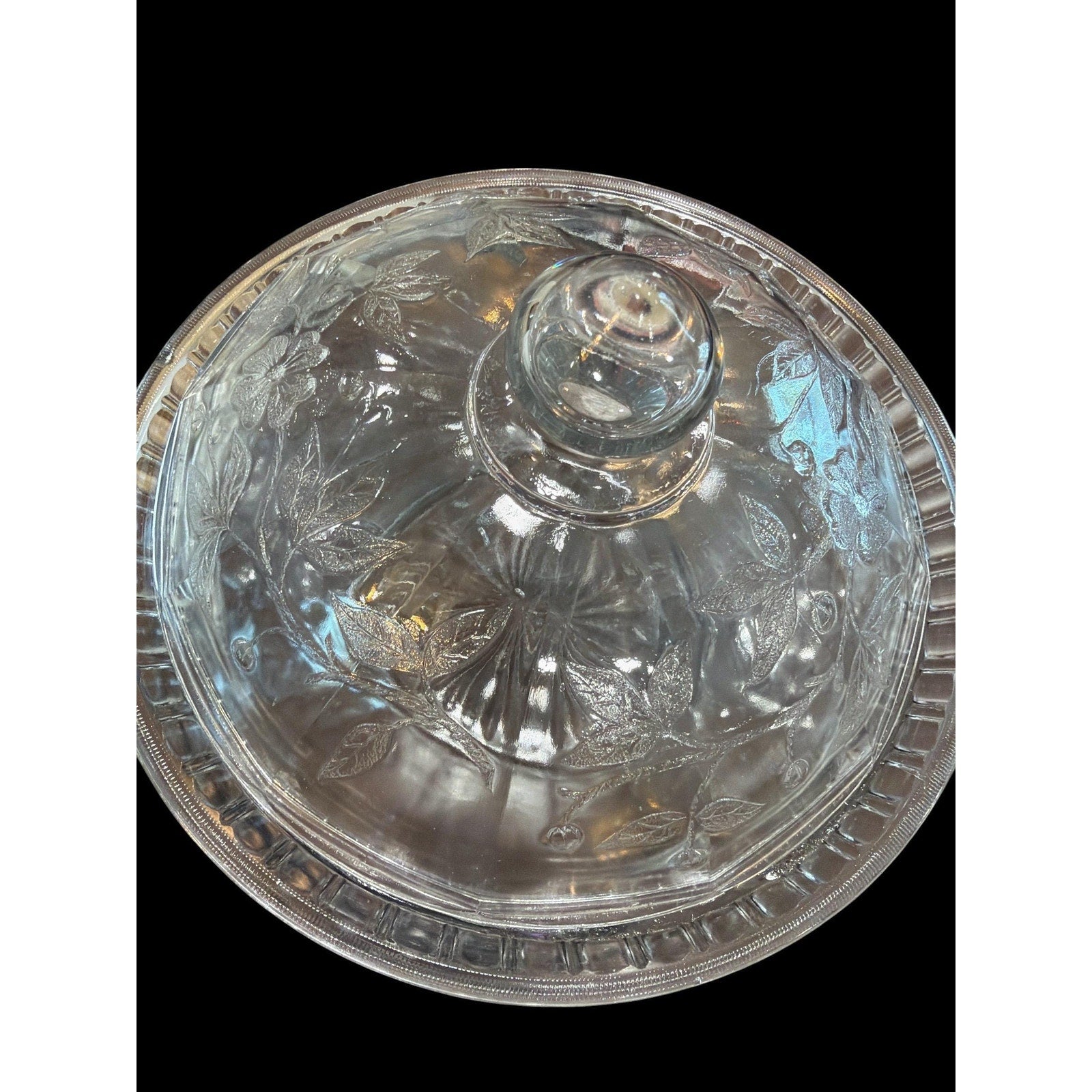 Vintage Pressed Glass Covered Candy Dish Cherry Pattern Lid Bowl 8”