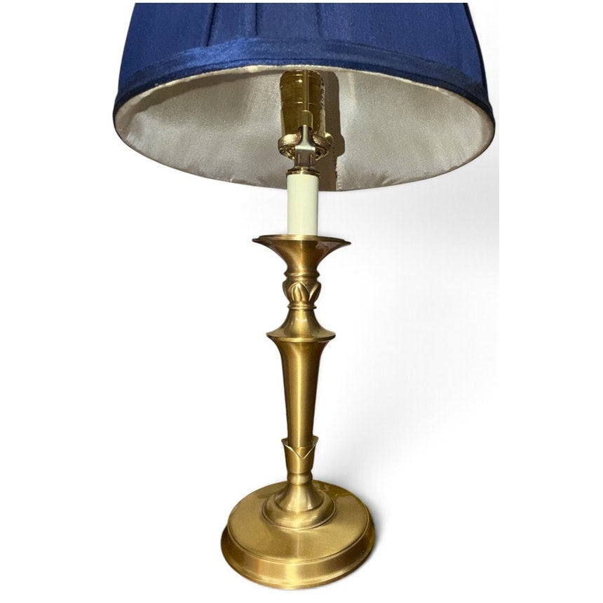 Pair Vintage Baldwin Brass Table Lamps Navy Silk Pleated Shades 22 Inch