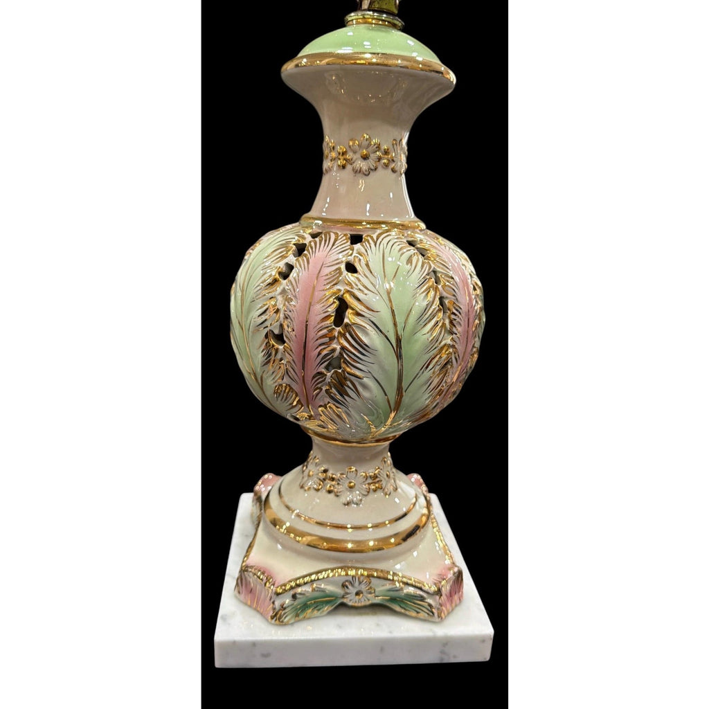 Vintage Porcelain Boudoir Lamp | Pink, Mint Green, Gold Gilt, Marble Base