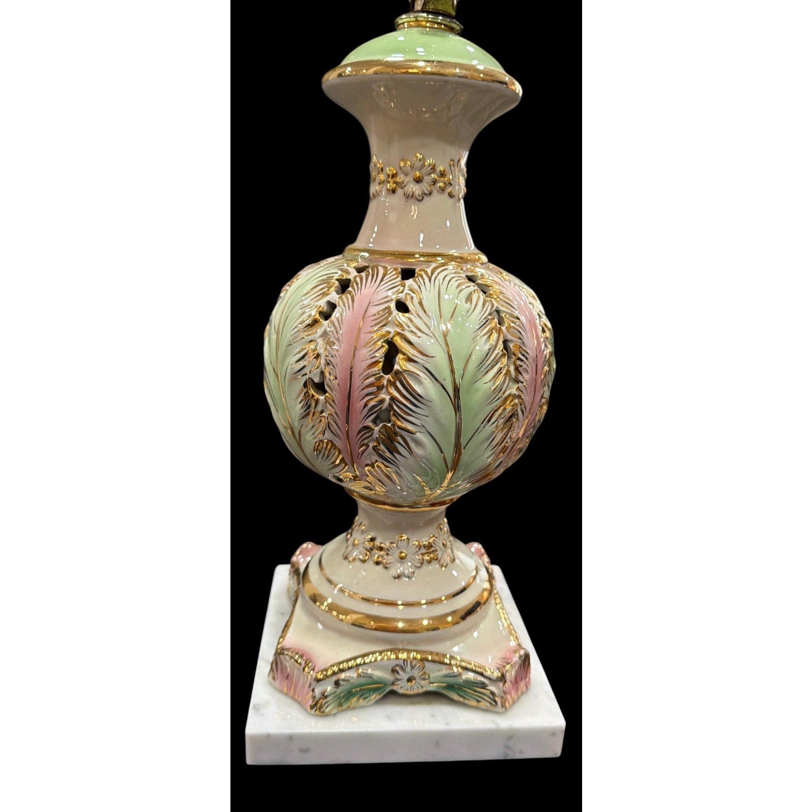Vintage Porcelain Boudoir Lamp | Pink, Mint Green, Gold Gilt, Marble Base