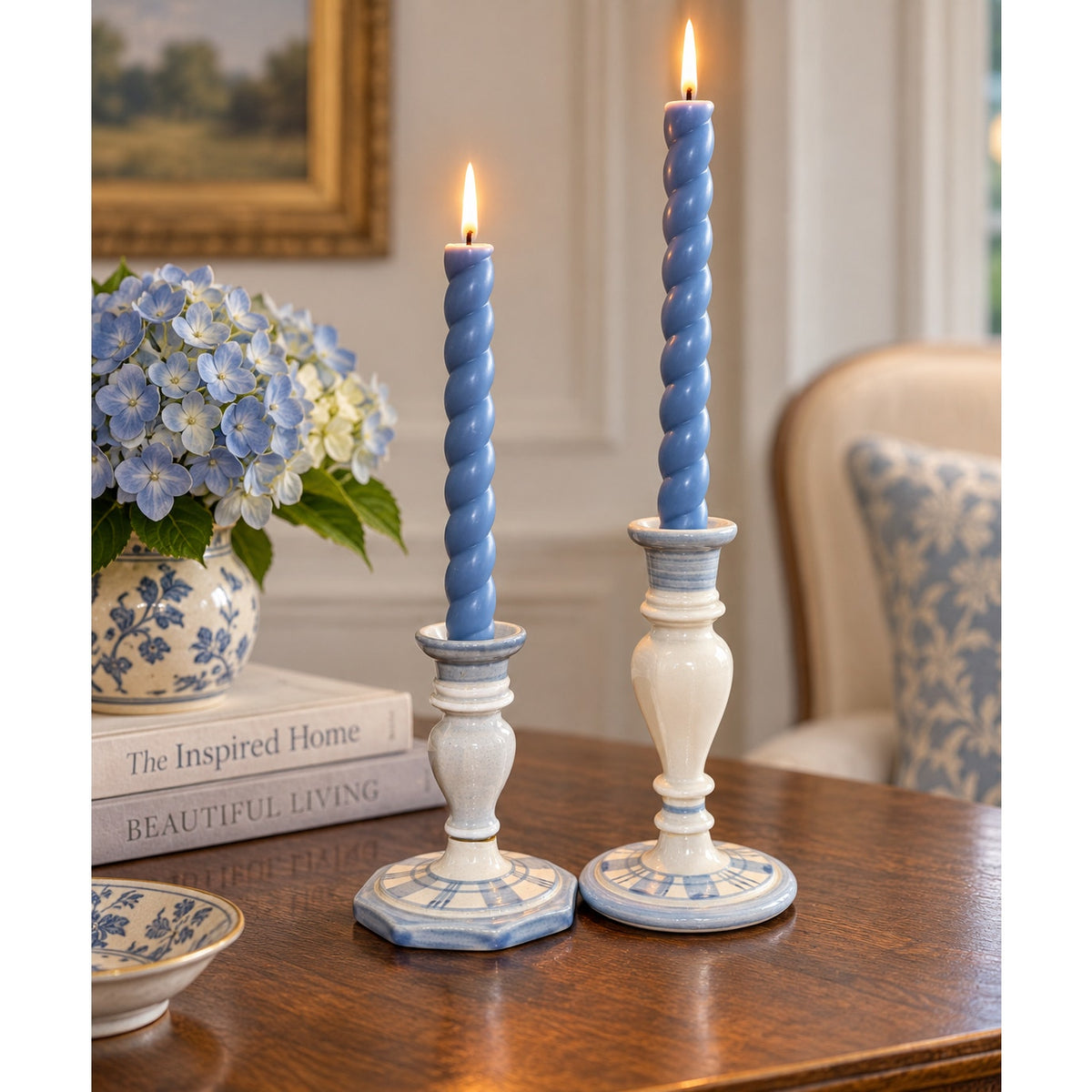 Vintage Louisville Stoneware Candlesticks Blue White Set with Twisted Tapers