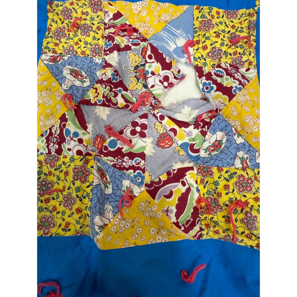 Vintage Hand Pieced Quilt Handmade Tied Quilt Depression Era Feed Sack Fabric