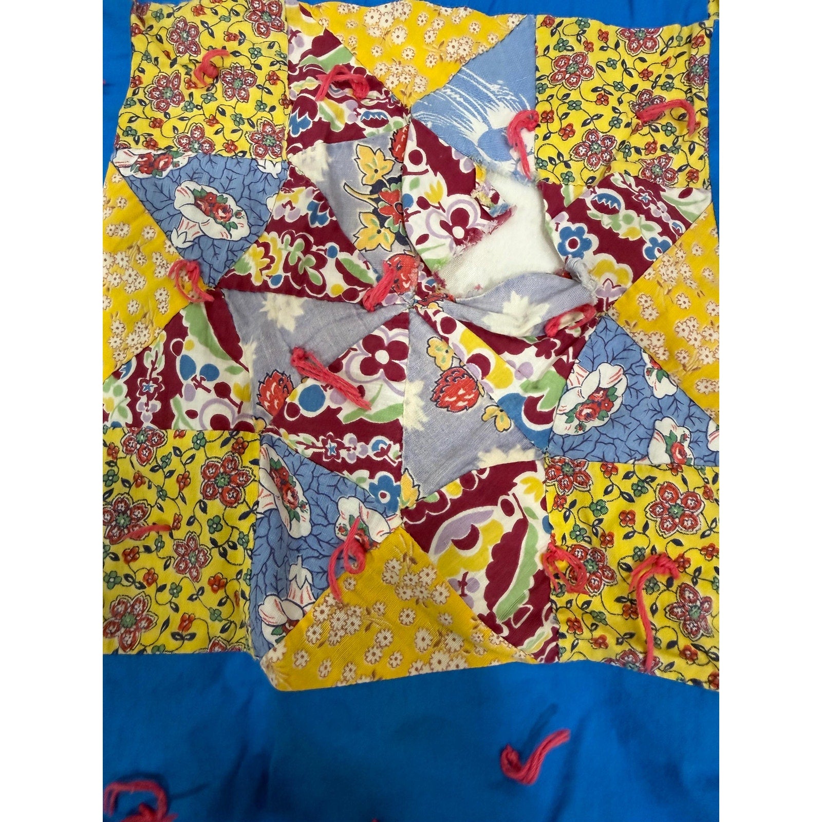 Vintage Hand Pieced Quilt Handmade Tied Quilt Depression Era Feed Sack Fabric