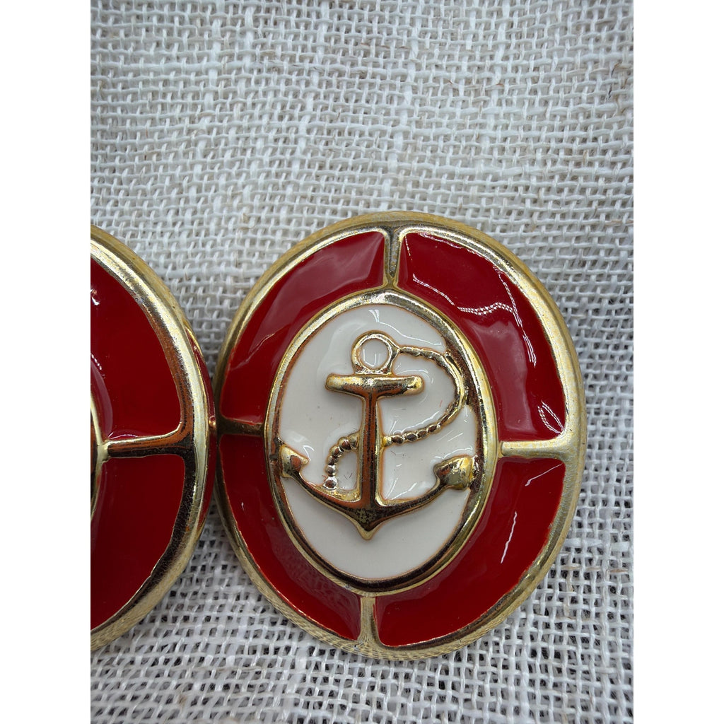 Vintage Nautical Anchor Earrings: Red Enamel Gold Clip-On Statement Coastal