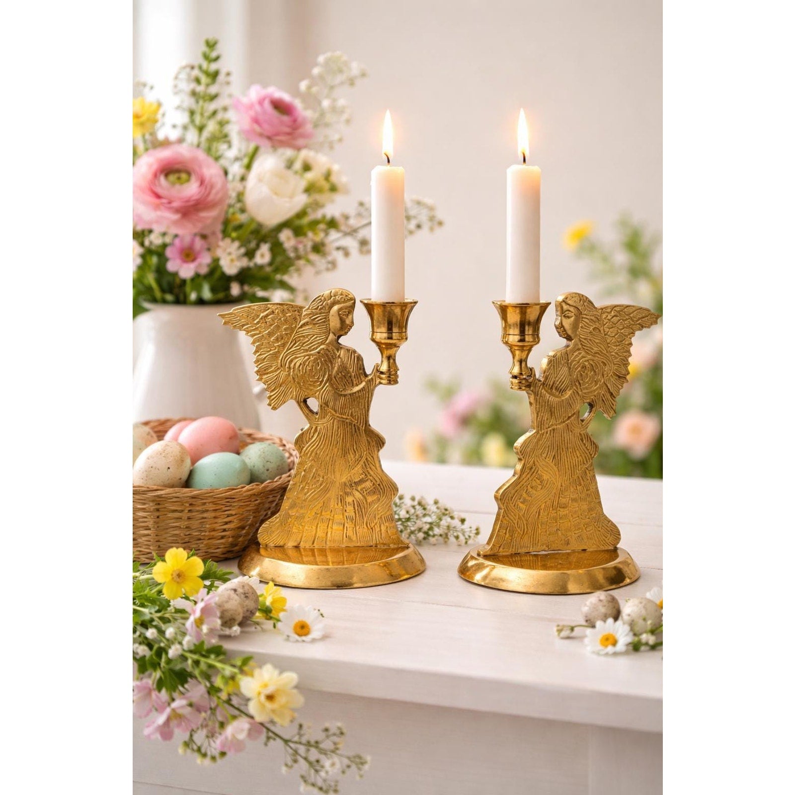 Vintage Brass Angel Candle Holders Set Gold Christmas Mantel Decor