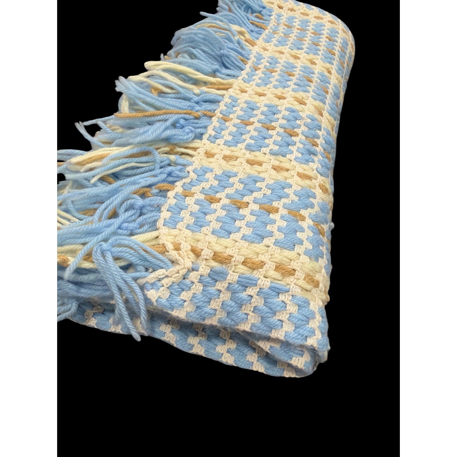 Vintage Hand Woven Afghan Throw Blanket – Baby Blue, Cream & Taupe – Fringe Blanket – Cottagecore Nursery Décor – 66” x 42”